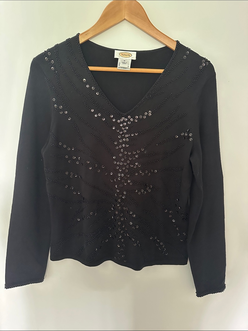 Talbots Black Beaded V-Neck Long Sleeve Top